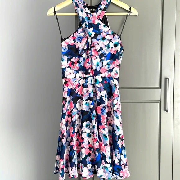 slim fit dress slacks Blue Floral Mini Dress - Fit and Flare Dress main image 0